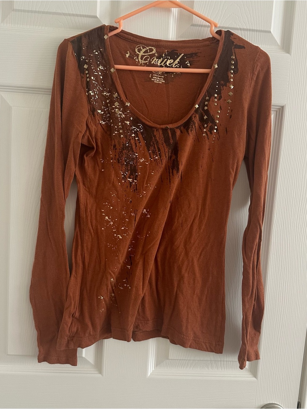 Cruel Girl Rust Brown Studded Graphic Long Sleeve Top - Size M